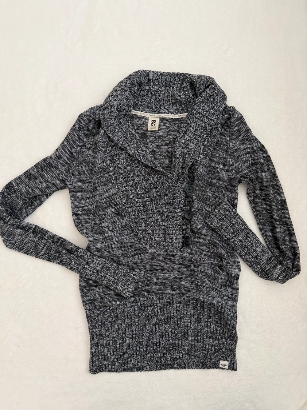 Roxy Gray Marled Shawl Collar Sweater Medium Button Neck Knit Pullover Cozy Boho